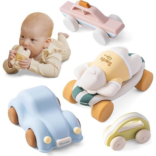 Moonkie Food Grade Silicone Toy Cars for Toddlers 1-3, Push and Go Baby Car Toys 6-12 Months+, One-Piece Design Infant Toys, Birthday Gifts for 1 Year Old Boy Girl, Easy to Clean & Grasp, 5 Pack
