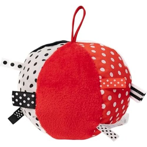 Genius Baby Toys Soft Baby Ball with Ribbon Tags, O Ball Shape with Bell, High Contrast Black White Red, Sensory Taggie Toy for Newborns, BPA-Free, No Hard Parts, Tummy Time Toy, 0–12 Months