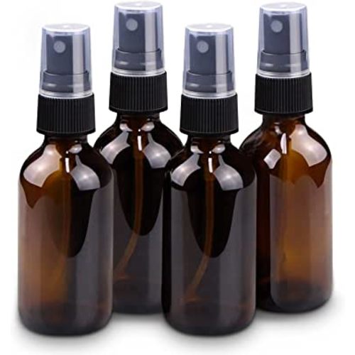Wedama 2 oz Mini Glass Spray Bottles, Empty Small Spray Bottles with Funnel Dropper, Fine Mist for Hair, Travel, Plants, Cleaning Solutions and Skin Care (4 Pack Amber)