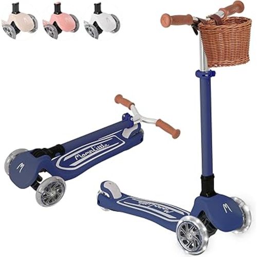 MomnLittle Kick Scooter for Kids Ages 3-10 (Beige/Pink/Navy/White) 3 Wheeled with LED Light-Up Wheels CPSC Certified Foldable and 4 Height Adjustable Toddler Scooters for Boys Girls