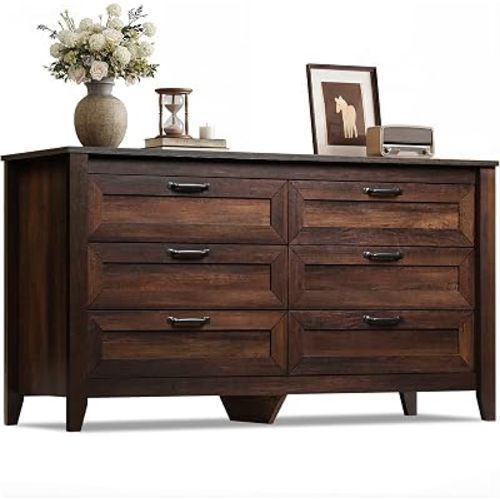 WLIVE 54" Dresser for Bedroom, Wooden 6 Drawer Dresser with Unique Anti-Tip Structure, Modern Chest of Drawers with Metal Handles for Living Room, Hallway, Closet, Home Furniture, Rustic Brown