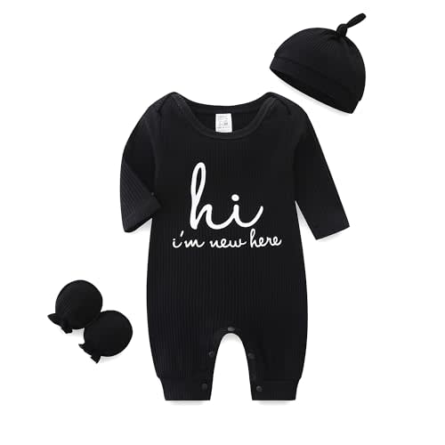 Babymine Unisex Baby Clothes Newborn Onesie Long Sleeve Ribbed Romper with Hat and Gloves Infant Letter Print Jumpsuit