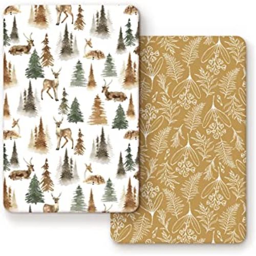 Stretchy Ultra Soft Jersey Knit Fitted Pack n Play Sheets Set 2 Pack, Portable/Mini Crib Sheets with Deep Pocket, Fitted Playard Mattress Safe and Snug, Stylish Watercolor Deer and Leaves