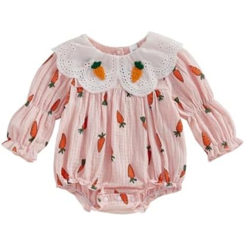 Lamuusaa Newborn Baby Girl Easter Outfit Peter Pan Carrot Embroidery Romper Bubble Linen Cotton Bodysuit Spring Outfit 0-18M