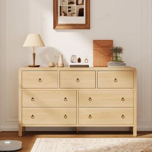 7 Drawer Dresser for Bedroom, Wood Dresser with Large Storage Drawers, Modern Curved Angle Clothes Organizer for Closet
