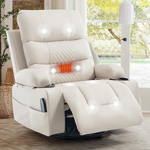 KCQ Swivel Rocker Recliner Chair with Heat and Massage, Faux Leather Heated Massaging Reclining Chair Manual Recliner Chairs with Cup Holder, Nursery Rocking Recliner Swivel Glider Chair, Beige