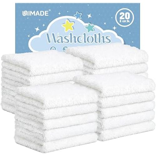 UNIMADE Baby Washcloths, 20 Pack Microfiber Coral Fleece Wash Cloths, Extra Absorbent Baby Towels for Newborns, Infants and Toddlers, Gentle on Sensitive Skin for Face and Body - 7" × 9", White