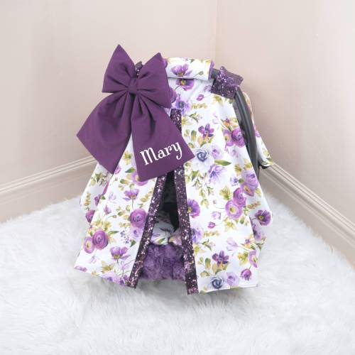 Purple Plum Blossoms Baby Girl Car Seat Cover Canopy - Rose Gold Personalized Bow Embroidery - Gift for Newborn Infant - Watercolor Floral