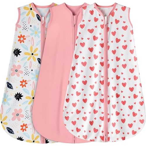 3 Pack Baby Sleep Sack 0-6 Months 100% Rayon Cotton Baby Sleeping Bag 2-Way Zipper Toddler Wearable Blankets Comfy Stretchy Lightweight TOG 0.3 （Heart&Pink&Floral）