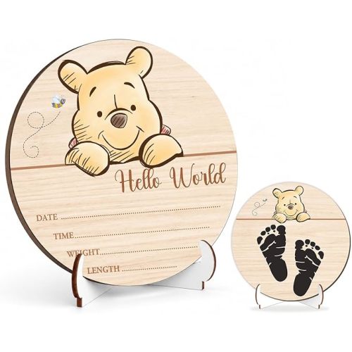 Winnie Baby Wooden Newborn Birth Sign, Winnie Hello World Newborn Signs, The Pooh Baby Announcement Sign, Double Sided Babies Name Plaques Photography Prop, Hello World for New Mom Babies