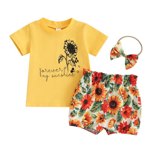 TAIAOJING Toddler Baby Girls Outfits Summer Sunflower Print Short Sleeve + Shorts + Headscarf 3 Piece Set Cute Clothes Set For 3-6 Months