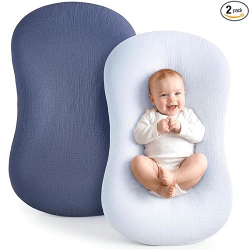 Termichy Baby Lounger Covers Muslin: Soft and Breathable Slipcover for Snuggle Me Lounger - Machine Washable & Zipper-Free for Safe Daily Use - Navy & Blue for Boys