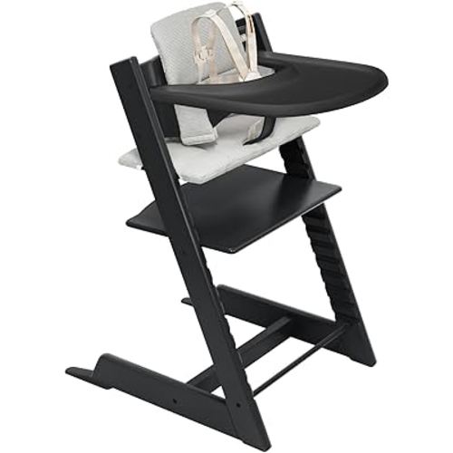 Stokke Tripp Trapp High Chair 2 (Black), Cushion 2 (Nordic Grey) + Stokke Tray (Black) - Includes Chair + Baby Set with Removable Harness for Children 6-36 Months
