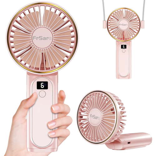 FrSara Portable Handheld Mini Fan, Neck Fan, 4000mAh Desk Fan, 180° Adjustable, 6 Speed Wind, Display Electricity in Real Time, USB Rechargeable Foldable Fan, Quiet Personal Fan with Power Bank Pink