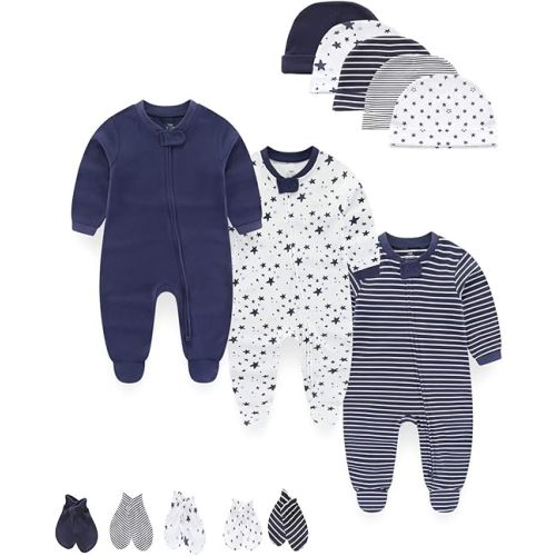 MAMIMAKA Baby Boy Girls Clothes 2-Way Zip Footed Long Sleeve 100% Cotton,Newborn Caps and Scratch Mittens Set 0-6 Months