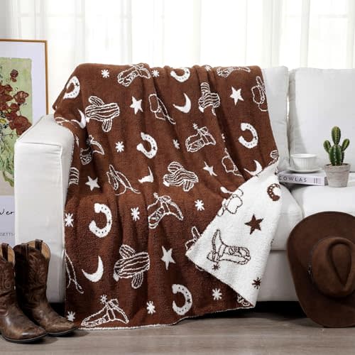 Buryeah 50×60 Inch Western Rodeo Reversible Knitted Throw Blanket, Cowboy Boots Cactus Design Knit Throw Blanket, Soft Cozy Southwestern Farmhouse Brown Decor Gift for Couch Sofa Bed