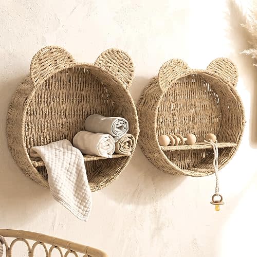 Novabright 2 Pcs Rattan Woven Wall Shelf Teddy Bear Nursery Decor Boho Handwoven Hanging Basket for Baby Nursery Shelves Basket Plant Rack Home Decors