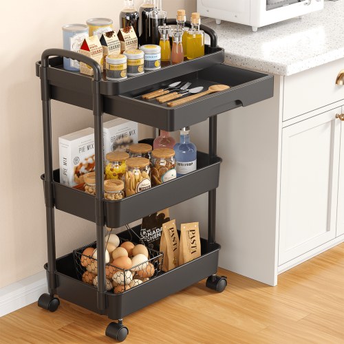 Rolling Utility Cart with Drawer 3 Tier, Plastic Rolling Cart with Handle & Lockable Wheels, Storage Shelves Organizer Cart, Multifunctional Storage Cart for Kitchen Bathroom Office Living Room Black