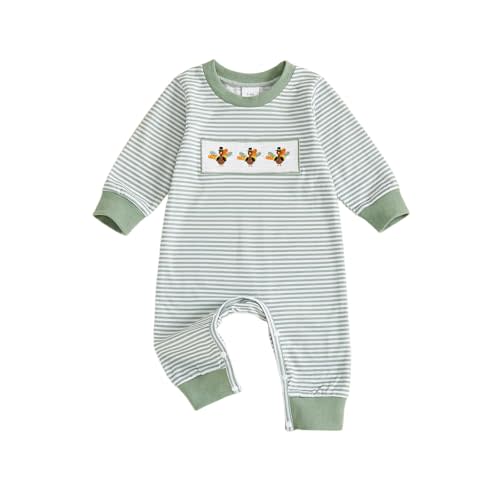 Infant Newborn Baby boy Thanksgiving Outfit Turkey Embroidery Striped Long Sleeve Romper Jumpsuit