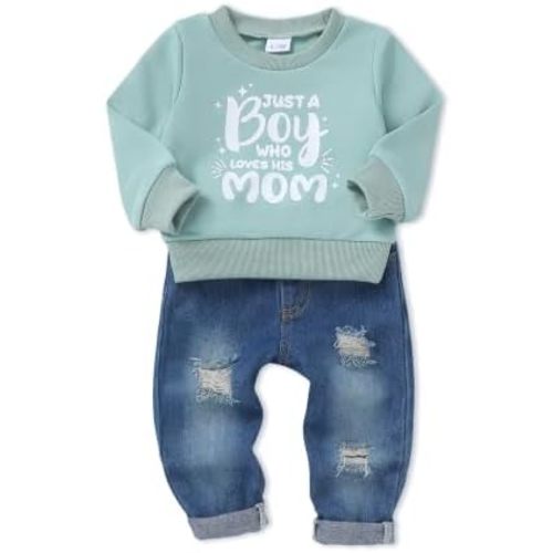 NZRVAWS Toddler Baby Boy Clothes Pullover Sweater Ripped Jean Sweatsuit Little Boy Outfit Fall Winter Clothing Set 6M-7T