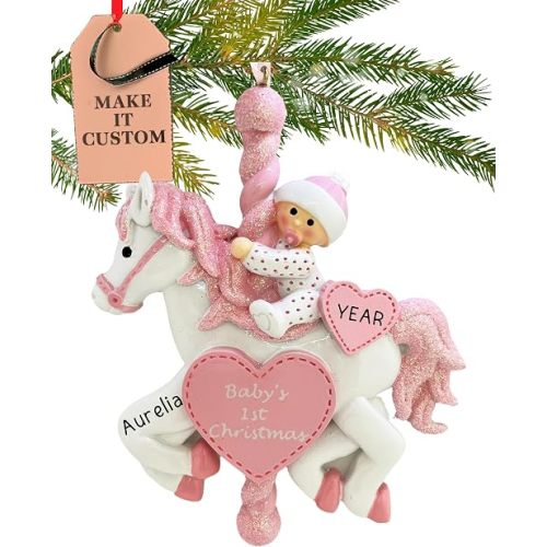 Personalized Baby's First Christmas Ornament 2026 for Girls, Pink Carousel