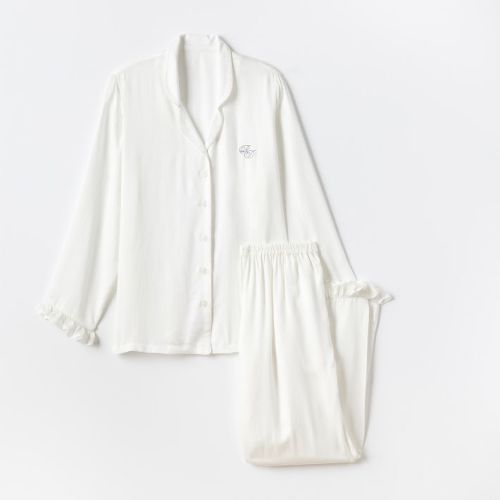 Ruffle Sateen Long Pajamas