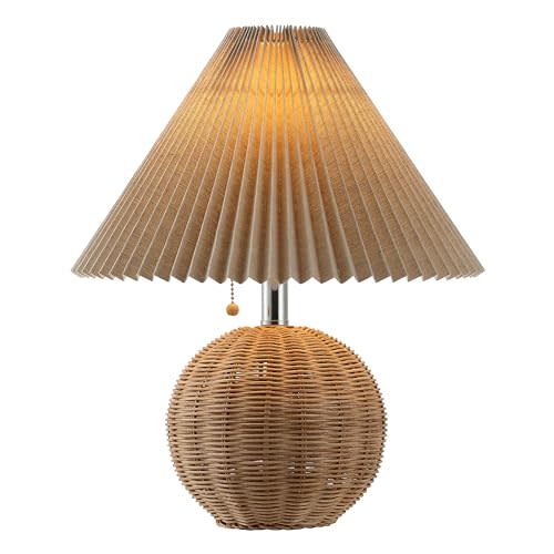 JONATHAN Y 17.25" Natural/Chrome/Dark Beige Sphere Table Lamp, Mid-Century Bedside Nightstand with Beige Pleated Linen Shade, Scandinavian Coastal Style, LED Bulb Included (JYL1145C)