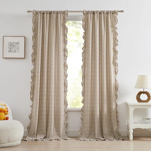 ZJDECOR Brown White Buffalo Plaid Curtains 84 Inches Long for Bedroom | Cottage Ruffle Not-See-Through Sheer Crinkle Drapes,Farmhouse Window Treatment,Nursery Living Room,Rod Pocket,40"Wx84"Lx2