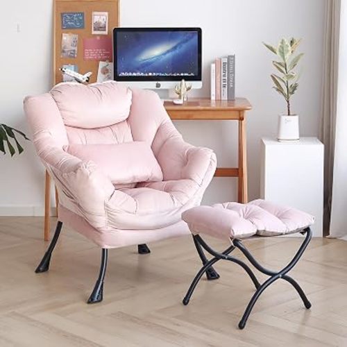 Lazy Chair with Ottoman, Comfy Chair with Pillow，Pure Pink