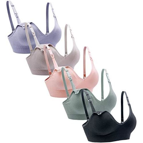 Suekaphin - Paquete de 5 piezas, brasier de lactancia, brasier inalámbrico con cuello en V para maternidad, brasier de lactancia para dormir con corte bajo, lactancia materna con extensores