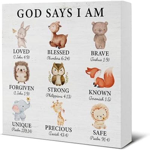 Christian Woodland Animal Nursery Decor Religious God Says I Am Woodland Animals Wood Sign Positive Decorations for Nursery Playroom Kids Room