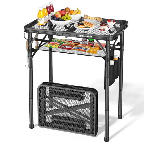 Folding Grill Table for Outside, Small Camping Table with Mesh Bag, 3 Height Adjustable Metal Aluminum Portable Grill Table for Picnic, Camping, BBQ, Beach