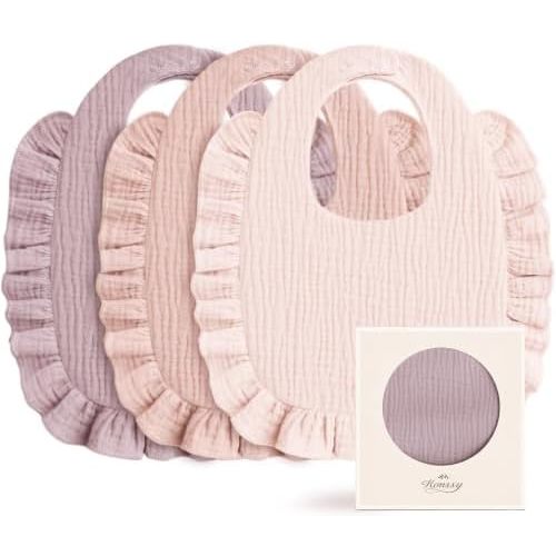 Konssy 3-Pack Muslin Baby Girl Bibs, 100% Cotton with Ruffle Trim