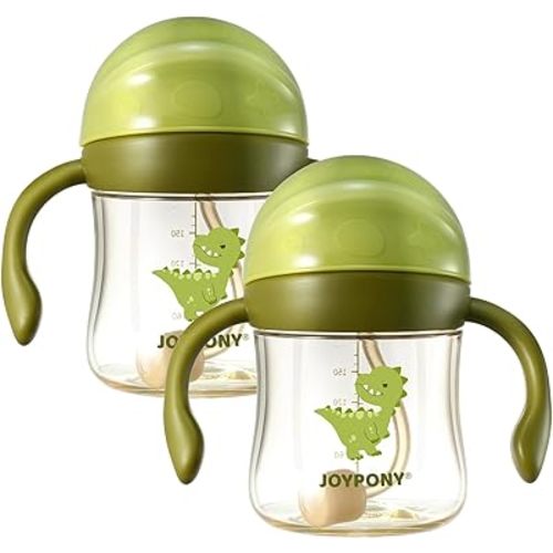 Joypony Baby Sippy Cups 6-12 Months, Spill Proof Weighted Straw Cup with Handle for Toddlers 1-3, 2 Pack, Total 4 Silicone Straws, PPSU, BPA Free, 6 oz (Green)