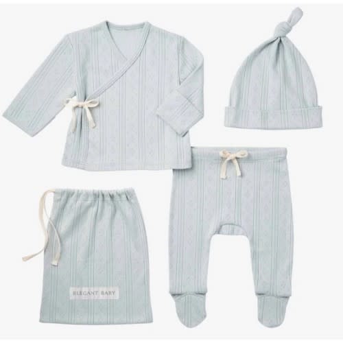 Pale Blue Organic Cotton Pointelle Layette 3 Pc Gift Set