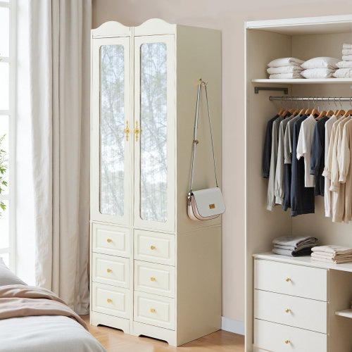 Winston Porter Armoire Wardrobe Closet & Wardrobe Cabinet With 6 Drawers And 2 Mirrors & With Hanging Rod & Sensor Lights | Wayfair