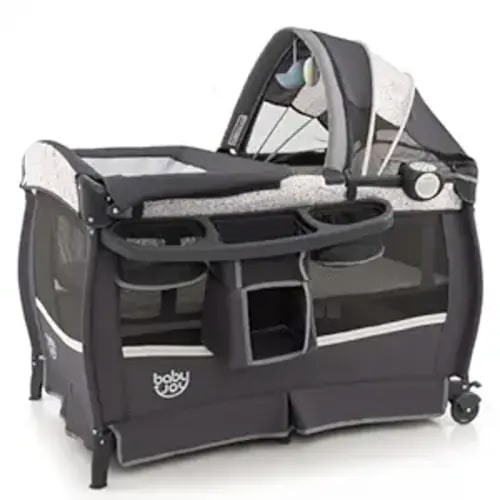 BABY JOY 4 in 1 Pack and Play, Portable Baby Playard with Bassinet & Flip-Away Changing Table, Canopy, Portable Bedside Crib with Storage Basket, Infant Bassinet from Newborn to Toddlers (Floral)
