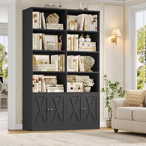 FINETONES 71” Tall Bookshelf with Doors, 6 Tier Black Bookshelf with Storage, 47.2” Double Wide Farmhouse Bookcase with 8 Open Display Shelves, Wooden Bookshelves and Bookcases for Home Office (Black)