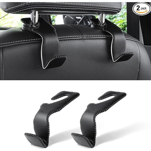 LivTee Black Superior Leather Car Seat Back Headrest Hook, Auto Seat Hook Hangers Interior Accessories for Purse Coats Umbrellas Grocery Bags Handbag, 2-Pack