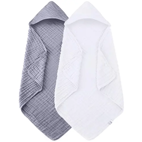 2 Pack Hooded Baby Towels - 100% Muslin Cotton for Newborns, Infants, Toddlers - Large 32x32Inch Size - Highly Absorbent and Essential for Newborn Care, White and Grey
