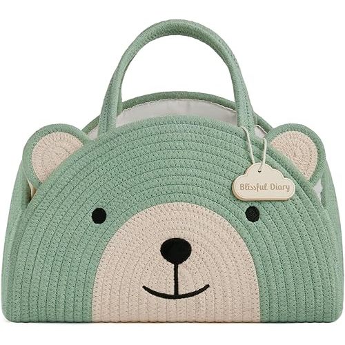 Blissful Diary Baby Diaper Caddy Organizer, Cotton Rope Diaper Caddy Basket, Large Storage Basket, Gift for Baby Shower, Newborn Essentials, Bear Roman Green