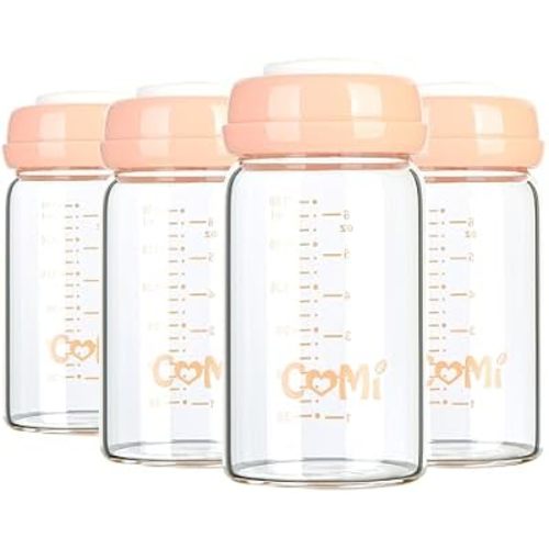 COMI Wide Neck Glass Breastmilk Collection n Storage Bottle, 4 Packs, 6oz with Screw Ring Sealing Disk; Re-markable Sealing Disc. BPA Free, Fits Breast Pumps & Nipples (4 Pink Lids)