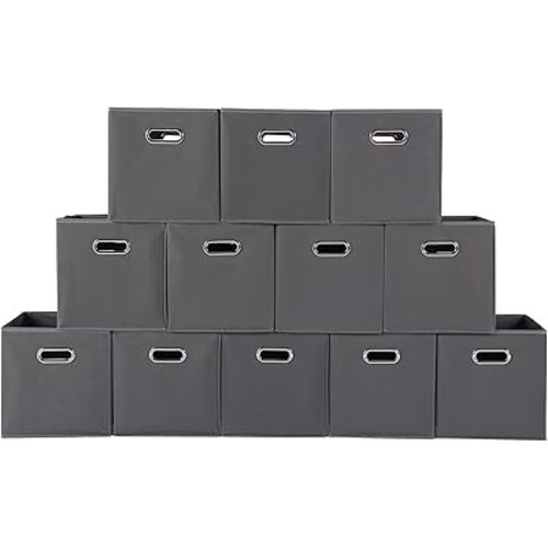 Fabric storage bins Cubes, Fabric Cube Organizer with Handle, Foldable Cube Bins for Cloth or Accessary Storage, 11x11x11, Set of 12, (Gray)