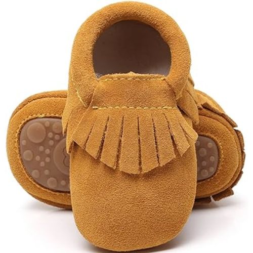 HONGTEYA Leather Baby Moccasins Hard Soled Tassel Crib Toddler Shoes for Boys and Girls…