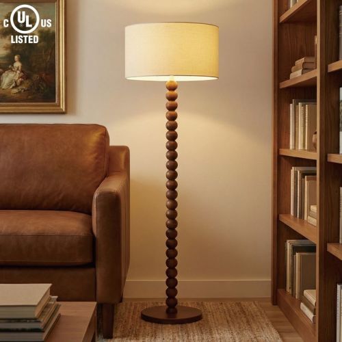 61" Walnut Wood Standing Floor Lamp with Linen Drum Shade, Modern Accent Light for Living Room, Bedroom, Hallway & Study,Beige