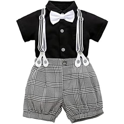 Baby Toddler Boy Formal Gentleman Suits,Dress Short Shirt With Bowtie+Suspender Pants Dressy Outfit