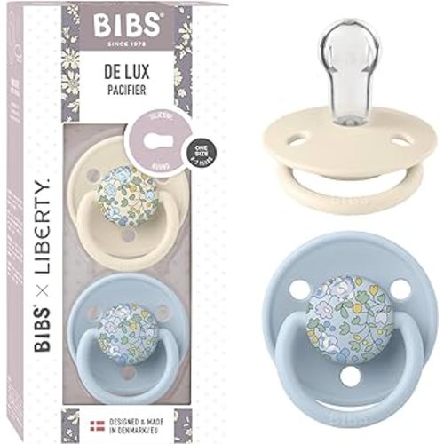 BIBS De Lux Liberty Soother 2-Pack, BPA Free Dummy Pacifier, Round Nipple. Silicone, Made in Denmark, OneSize (0-36 Months), Eloise Baby Blue