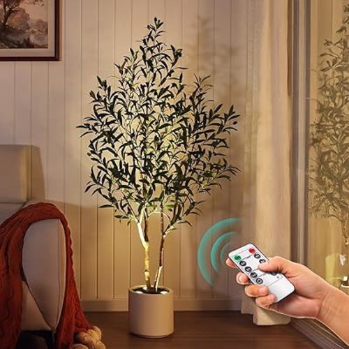 Artificial Olive Tree Faux Plants Indoor - 5FT Tall Fake Tree with Remote LED Spotlights, Cylinder Round White Planter - for Modern Home Office Living Room Floor Display, VN214
