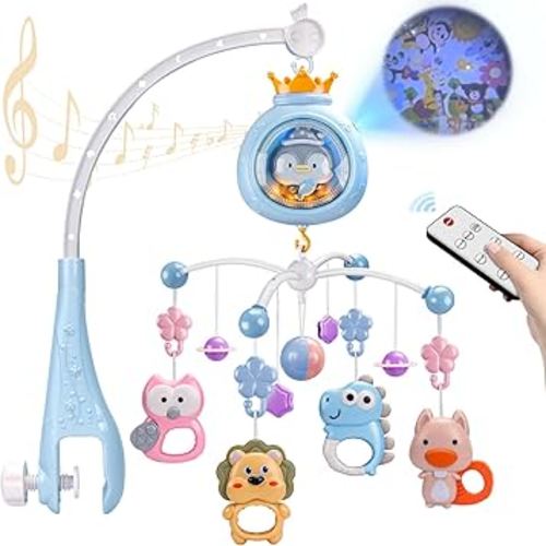 ZFSZSY Crib Mobile with Music and Lights,Mobiles for Cribs, Baby Mobile Arm Toys Hanging for Girls Boys Infants 0-6 6-12 Months, Bassinets Nursery Musical Portable Mobile Clip On Pack and Play(Bule)