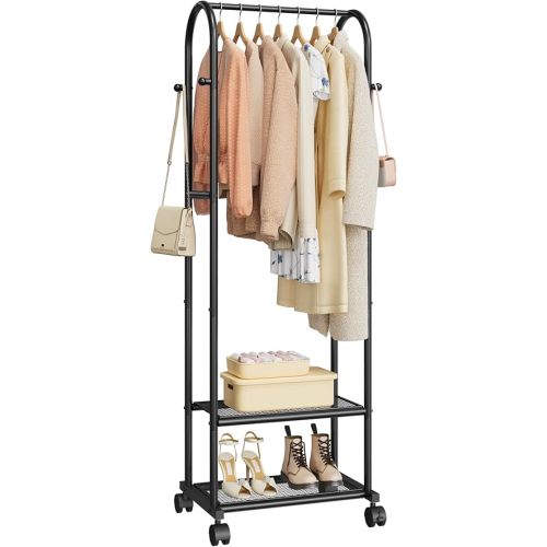 Heavy Duty Premium Clothes Rack with 2-Tier Mesh Shoe Shelves & 4 Hooks, Lockable Wheels, Space-Saving, Multi-Functional for Bedroom, Entryway, Closet, Modern Design, 18.4" x 12.6" x 72", Black
